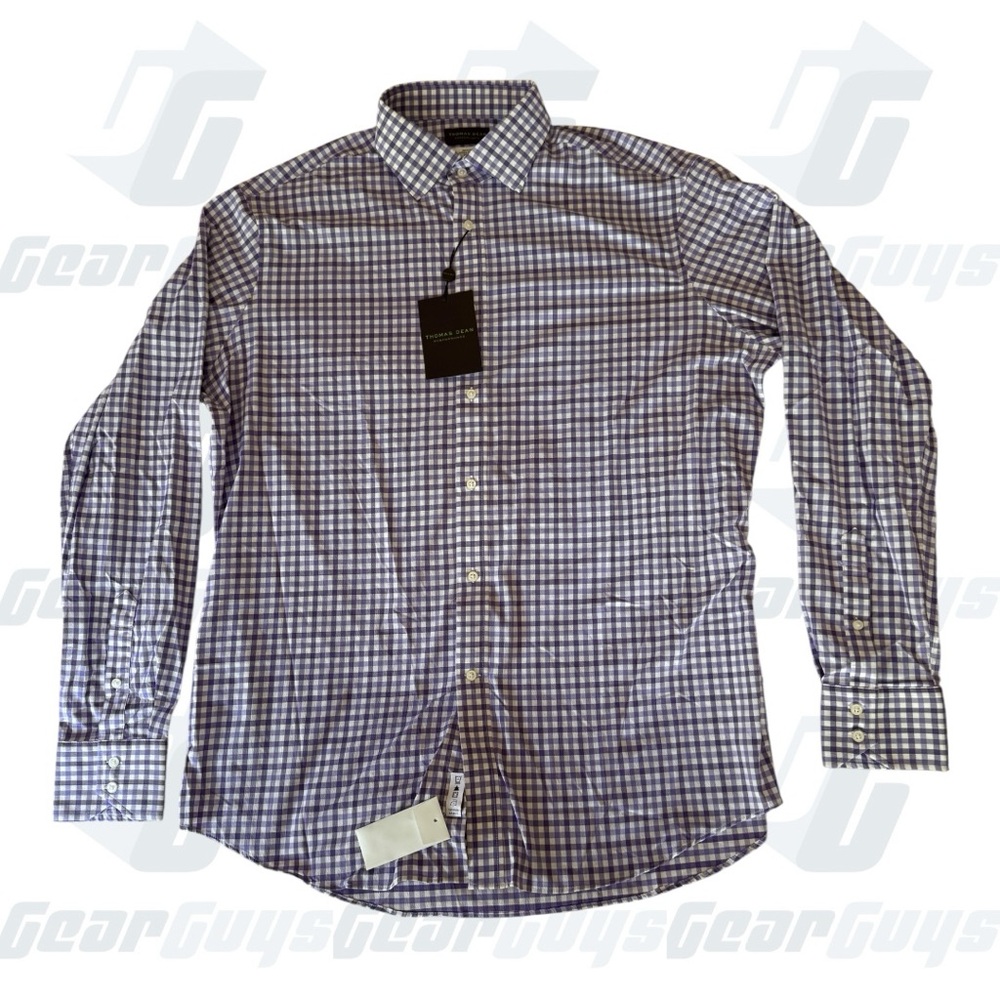 Thomas Dean Purple and White Checkered Casual Performance Dress Shirt XL